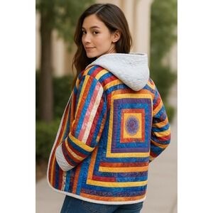 Quilted Jacket Colorful Patchwork Hooded Coat Unique Art‎ to Wear  M size